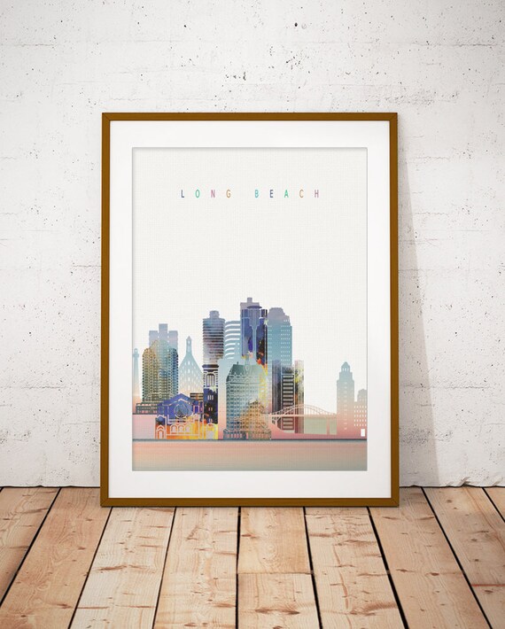 Long Beach California Pastel Sunset Skyline Art Modern Home Decor Poster