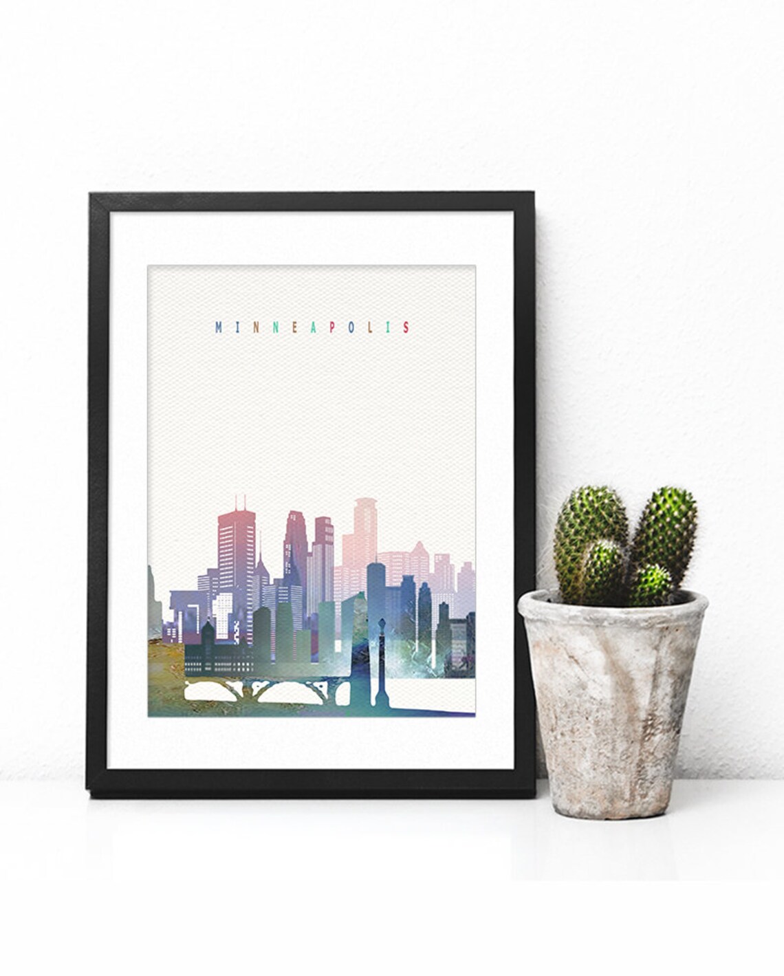 Minneapolis Minnesota Watercolor Skyline Bridge Cityscape Poster - Image 2