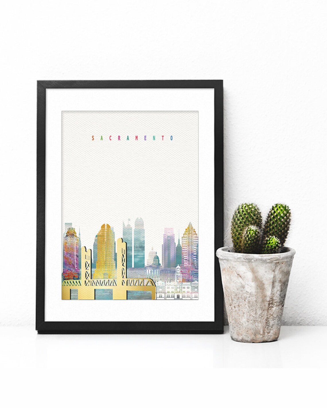 Sacramento Watercolor Skyline Gold Lift Bridge Pastel Letter Poster - Image 2