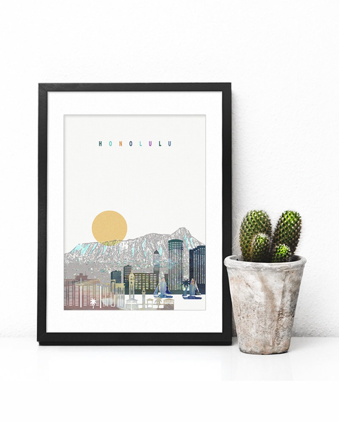 Honolulu Hawaii Tropical Sunset Watercolor City Skyline Art Poster - Image 2