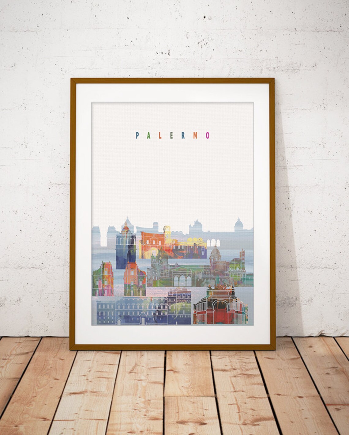Palermo Sicily Italy Colorful Watercolor Skyline Art Modern Home Decor Poster