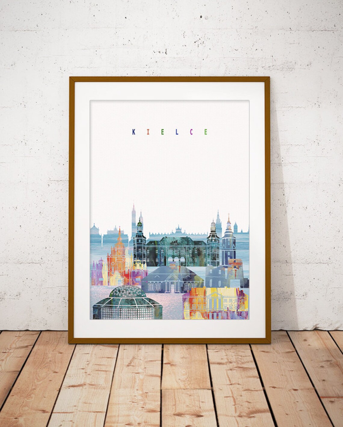 Kielce Poland Colorful Watercolor Cathedral Skyline Art Poster