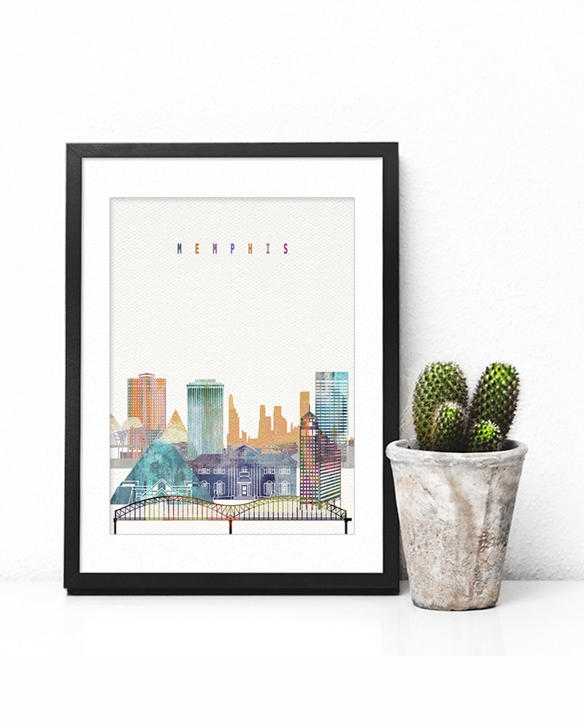 Memphis Tennessee Watercolor Skyline Pyramid River Bridge Poster - Image 2