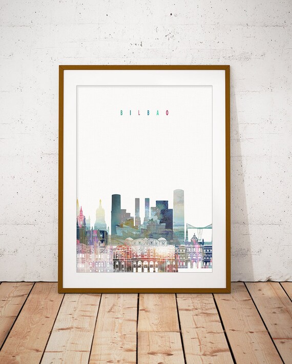 Bilbao Spain Colorful Modern Watercolor City Skyline Art Poster