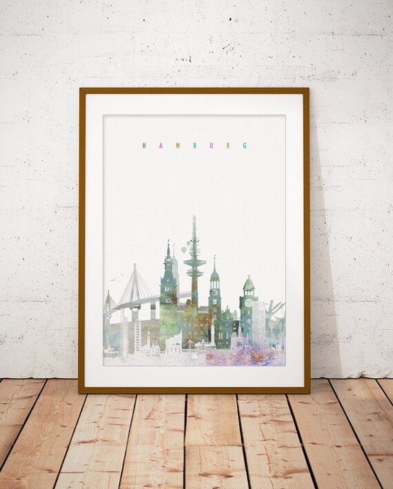 Hamburg Germany Watercolor Skyline Harbor Church Spires Poster