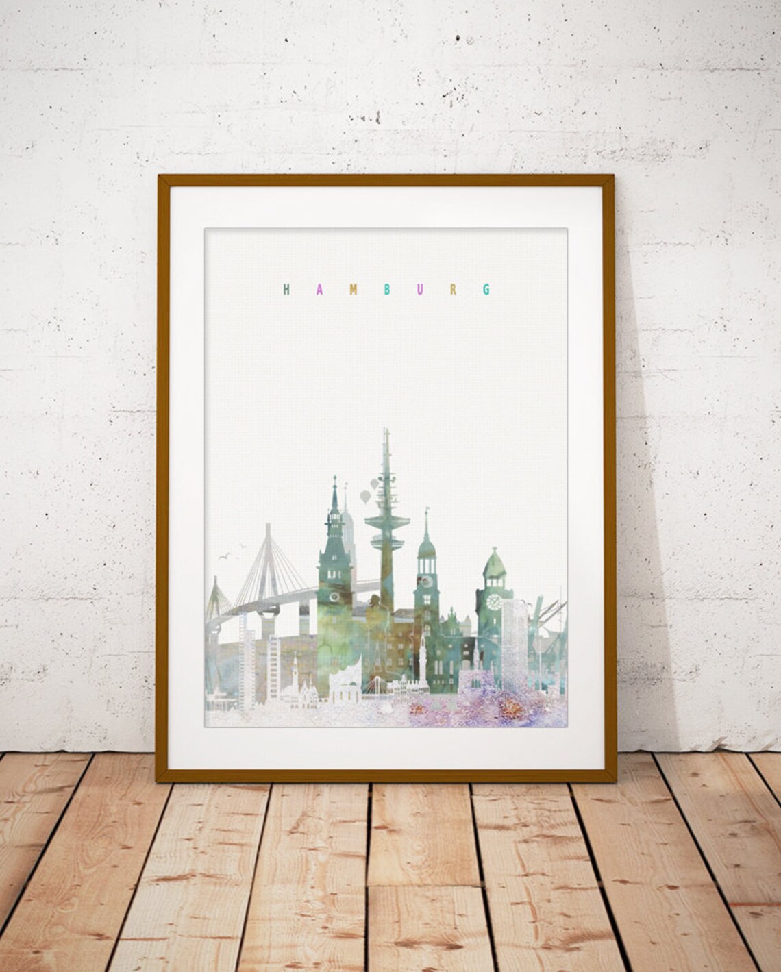 Hamburg Germany Watercolor Skyline Harbor Church Spires Poster
