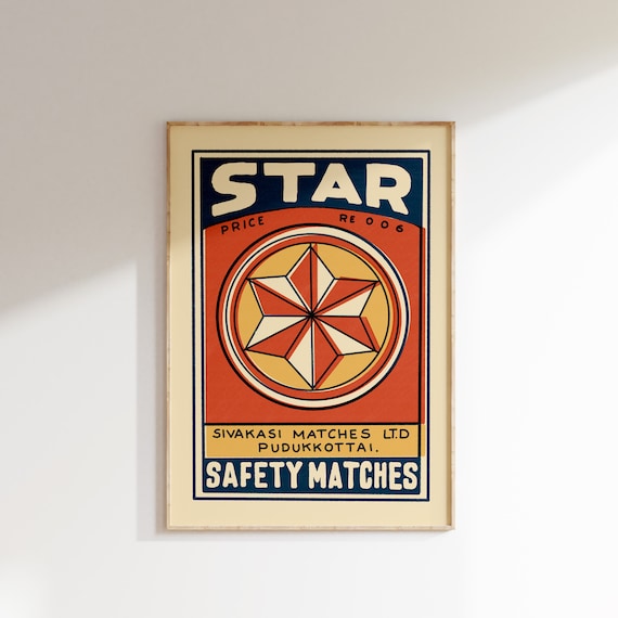 Retro Indian Matchbox Poster Star V2 Vintage Matchbox Poster Colorful Art Poster Vintage India Art Maximalist Wall Art Matchbox Art
