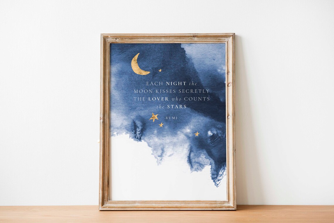 Each Night Moon Kisses Secretly Lover Rumi Quote Navy Stars Wall Art Print