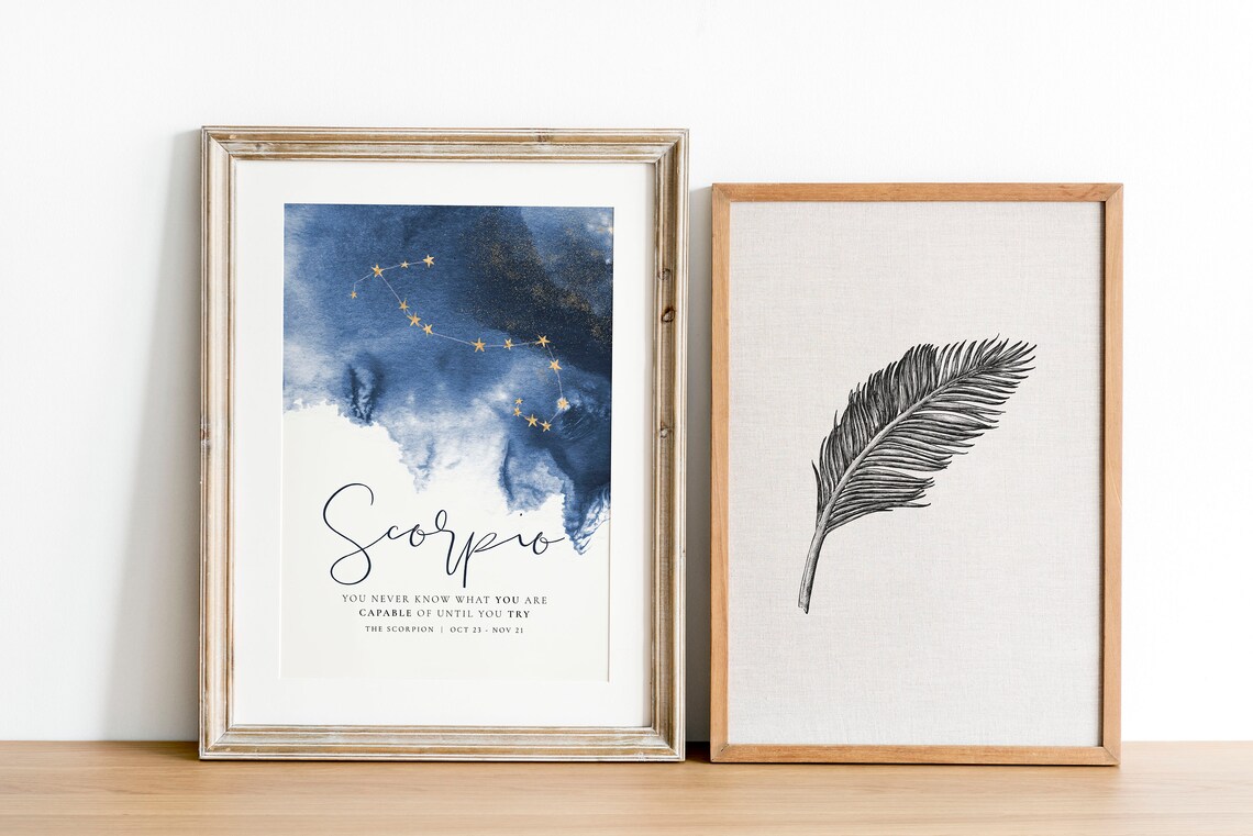 Scorpio Zodiac Gold Constellation Blue Watercolor Horoscope Print Poster - Image 4