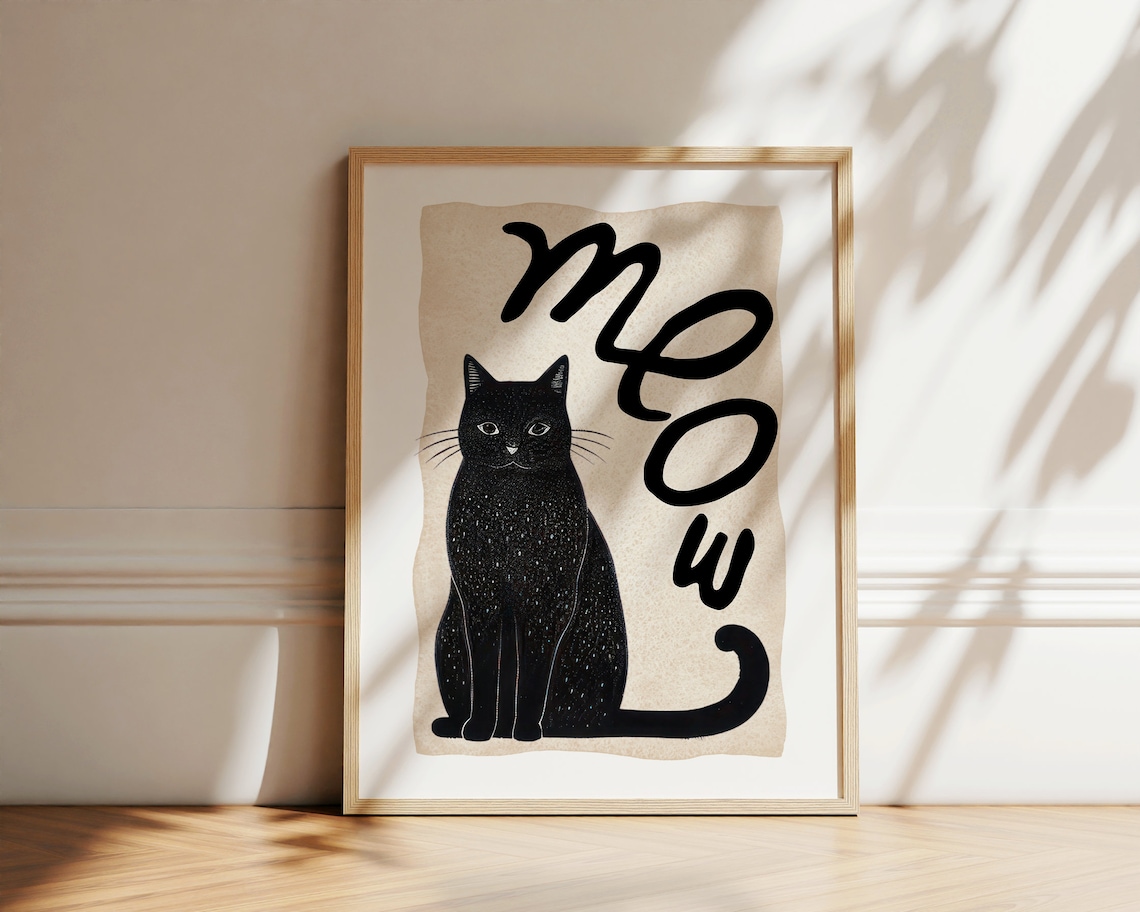 Black Cat Meow Boho Minimalist Cat Lover Wall Art Aesthetic Poster