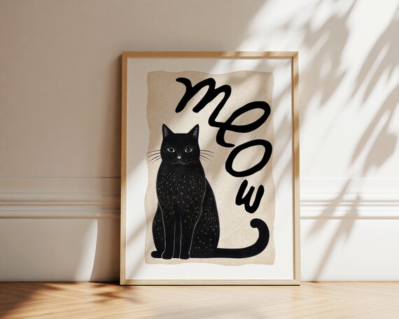 Black Cat Meow Boho Minimalist Cat Lover Wall Art Aesthetic Poster