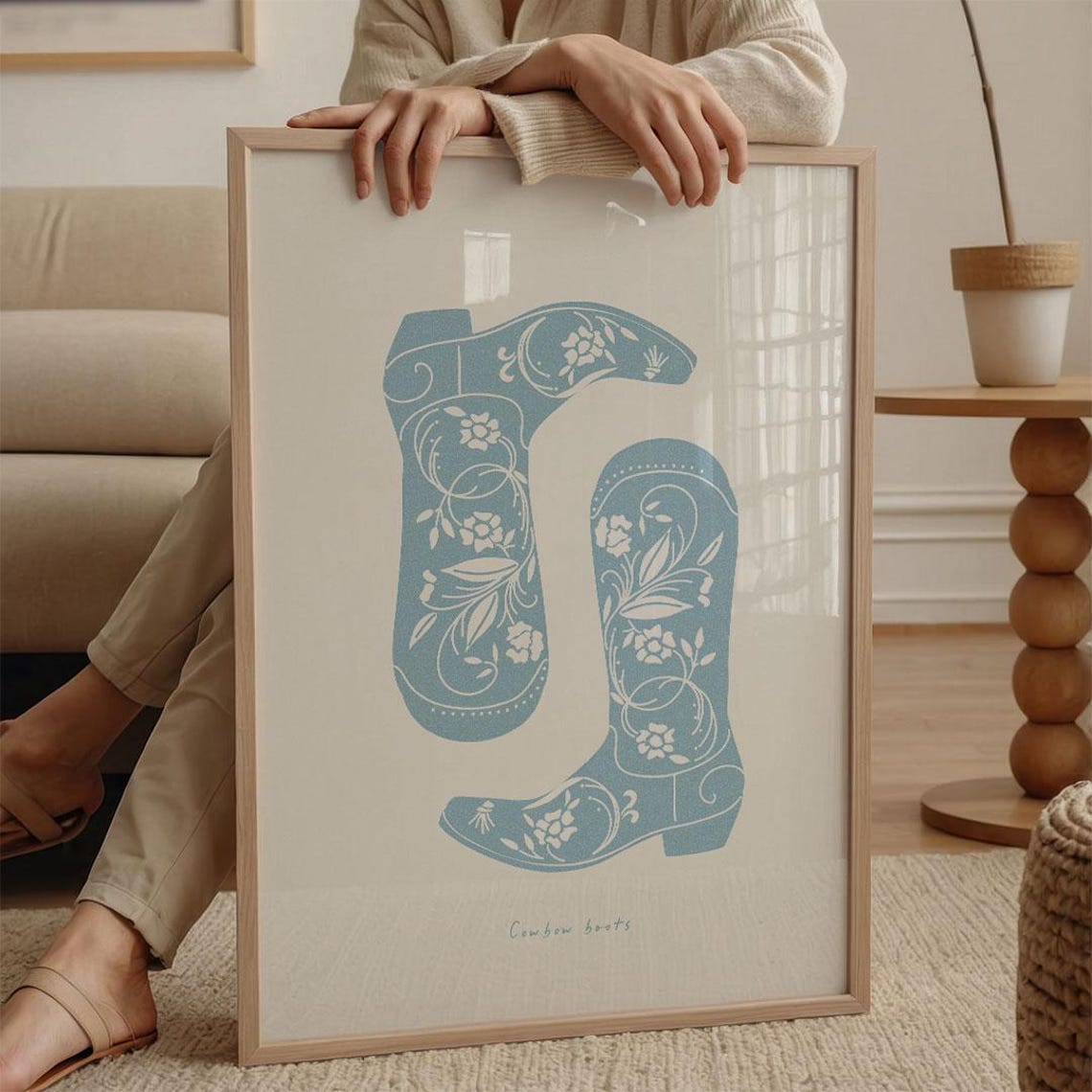 Blue Floral Embroidered Cowboy Boots Minimalist Western Art Poster - Image 3