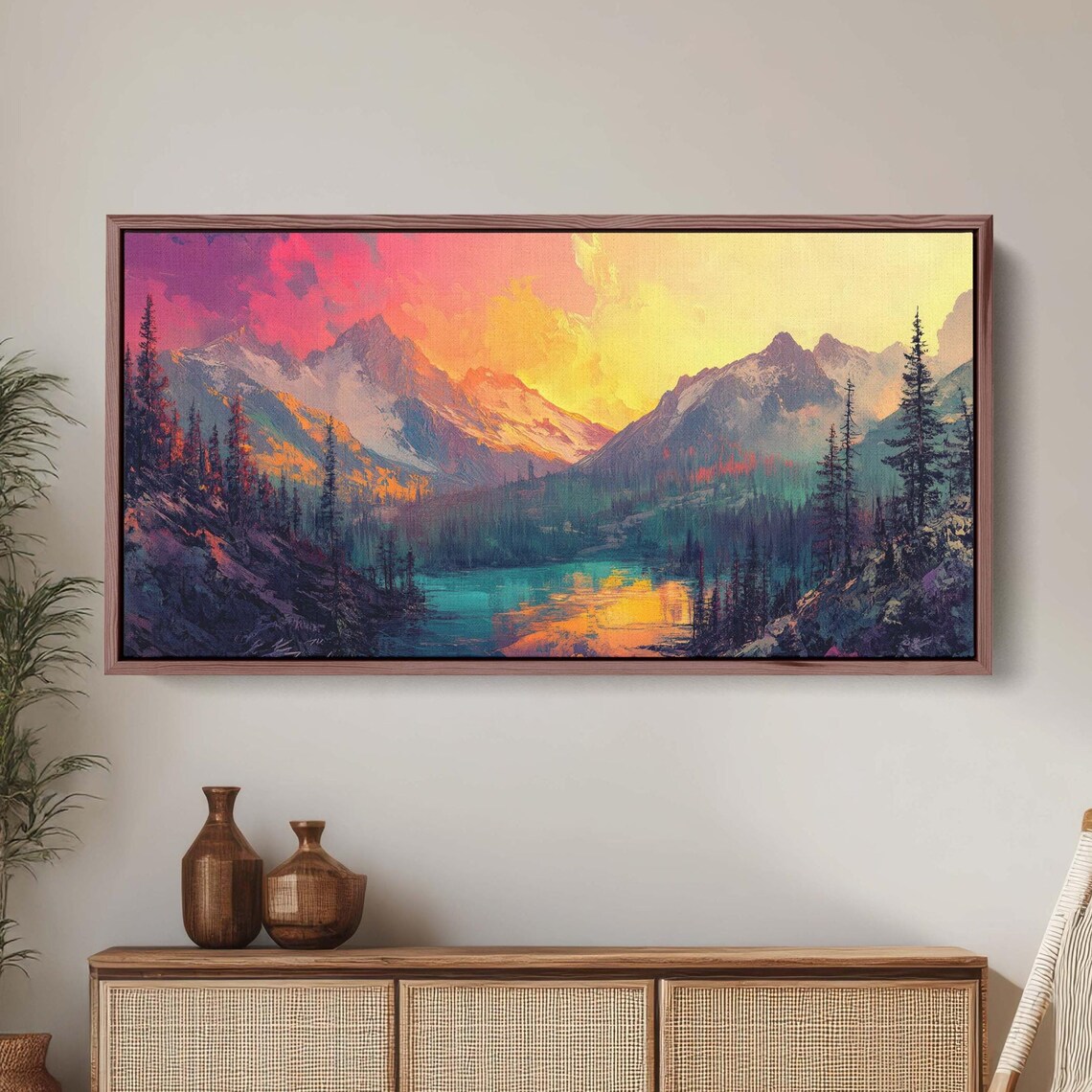 Colorful Mountain Sunrise Over Teal Alpine Lake Vibrant Sunset Poster