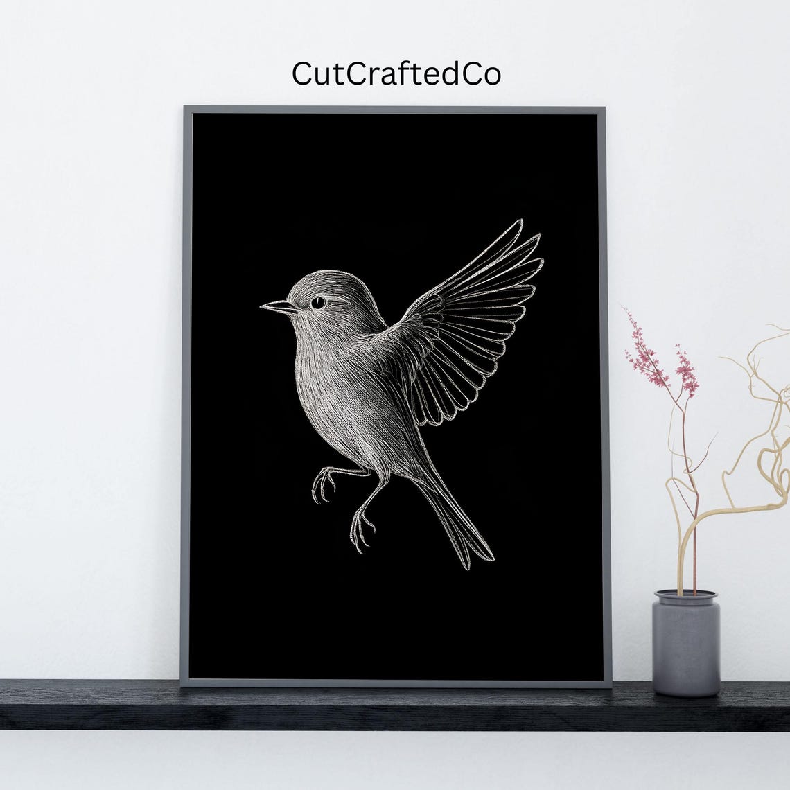 Minimalist Bird Line Art White Ink Drawing Black Background Poster