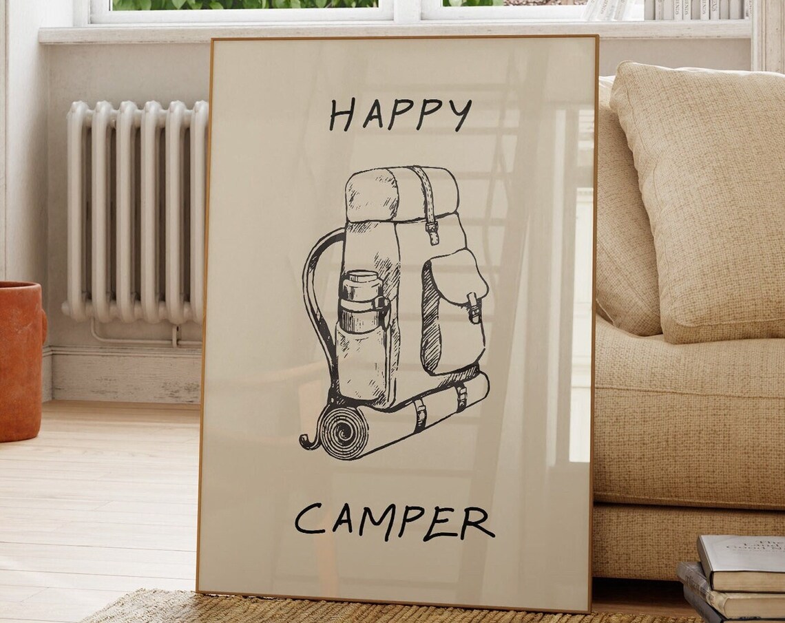 Happy Camper Backpack Sketch Vintage Outdoor Adventure Art Poster