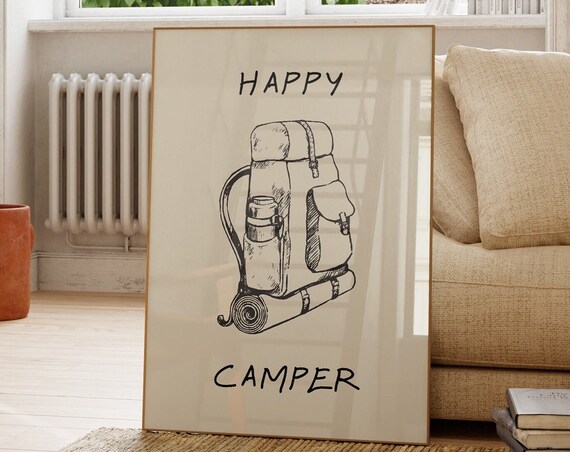 Happy Camper Backpack Sketch Vintage Outdoor Adventure Art Poster