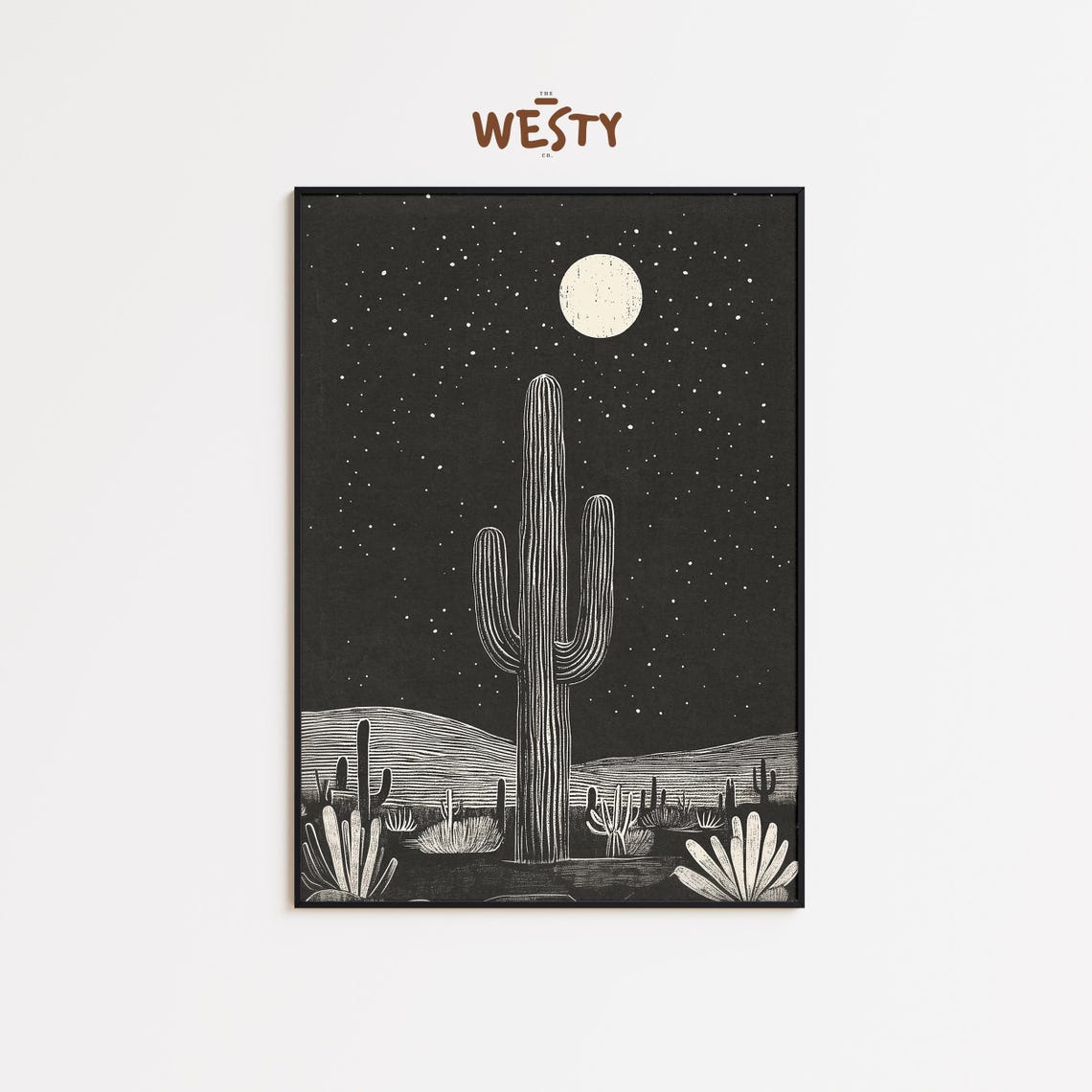 Giant Saguaro Cactus Night Woodcut Desert Moon Stars Art Poster