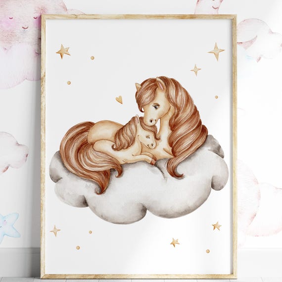 Watercolor Mommy And Baby Horse On A Cloud Nursery Wall Art Kid Newborn Mom Gift Family Boho