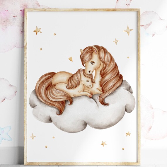 Watercolor Mommy And Baby Horse Sleeping On Cloud Stars Nursery Poster