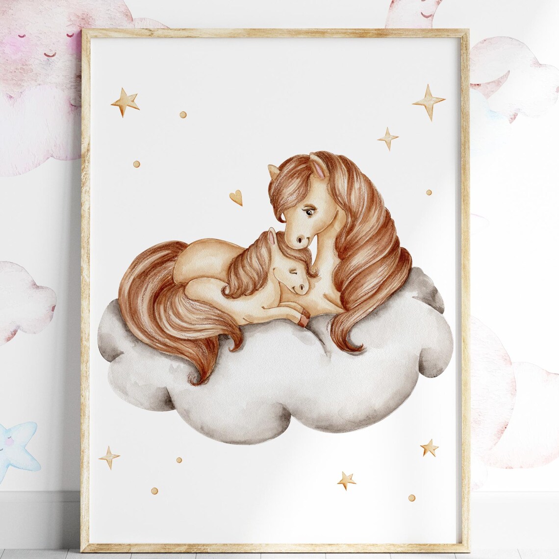 Watercolor Mommy And Baby Horse Sleeping On Cloud Stars Nursery Poster