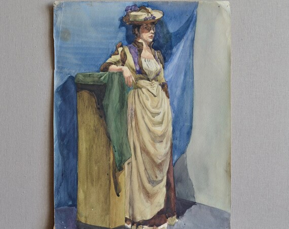 Antique Watercolor Female Portrait Woman in Cream Gown Blue Drapery Art Print