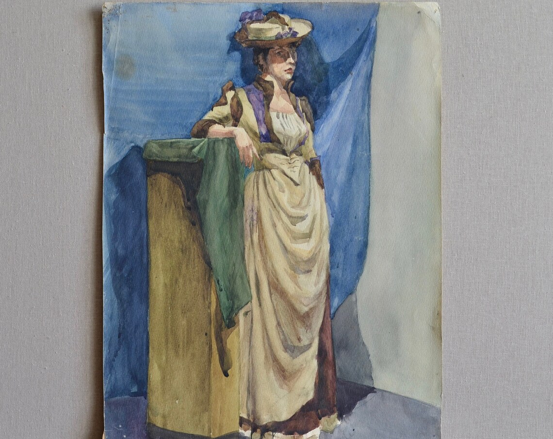 Antique Watercolor Female Portrait Woman in Cream Gown Blue Drapery Art Print
