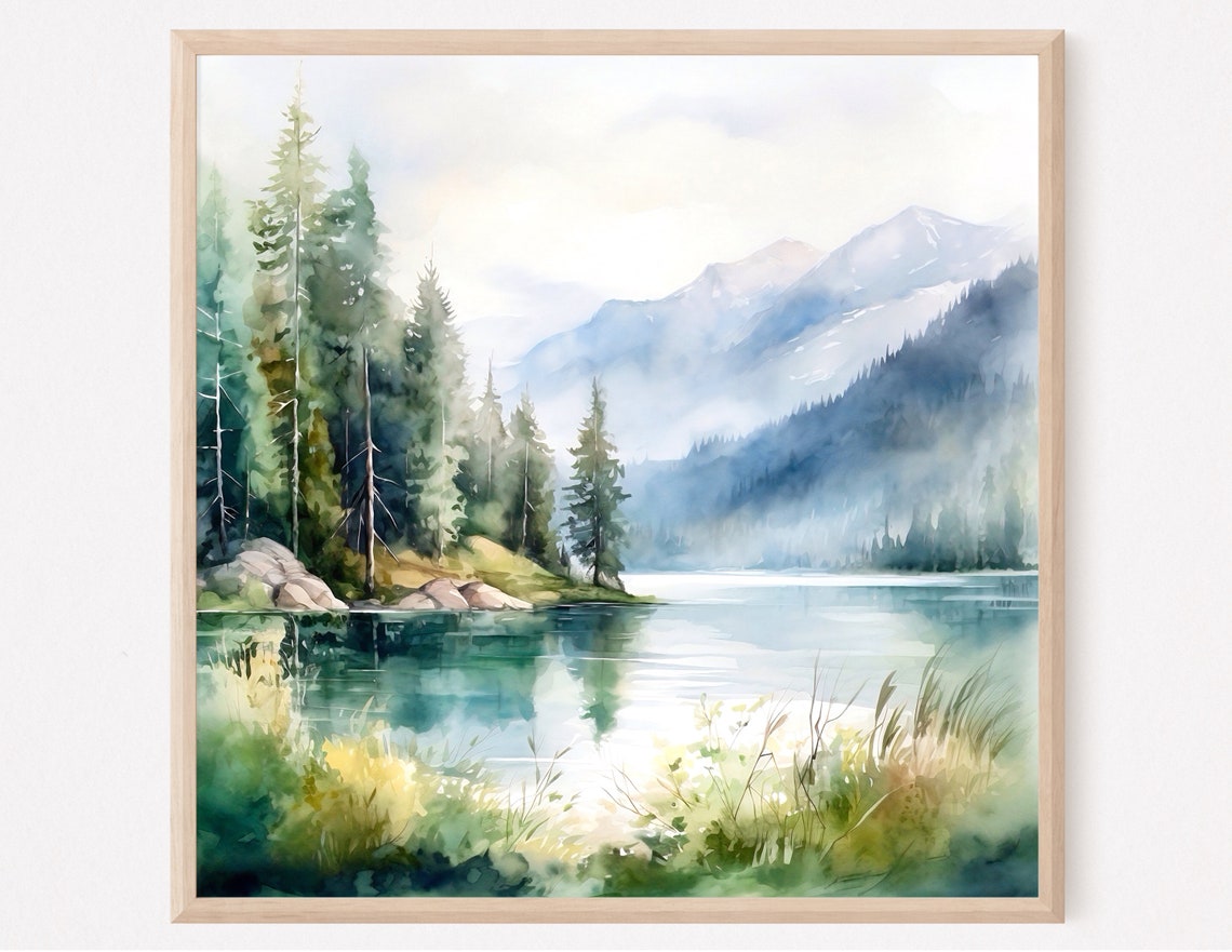 Lake Braies Watercolor Square Art Print Mountain Landscape Wall Art Painting Poster Home Decor Gift Art - Image 3