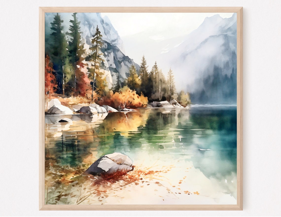 Mountain Lake Print Mountain Wall Art Abstract Landscape Nature Art Print Modern Minimal Wall Art Pine Forest Art Home Decor Gift Art - Image 3