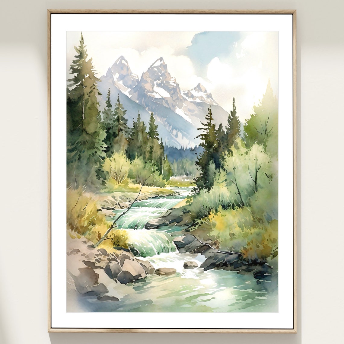 Mountain River Wall Art Watercolor Green Mountain Print Grand Teton National Park Usa Print Minimal Wall Decor Pine Forest Poster - Image 3