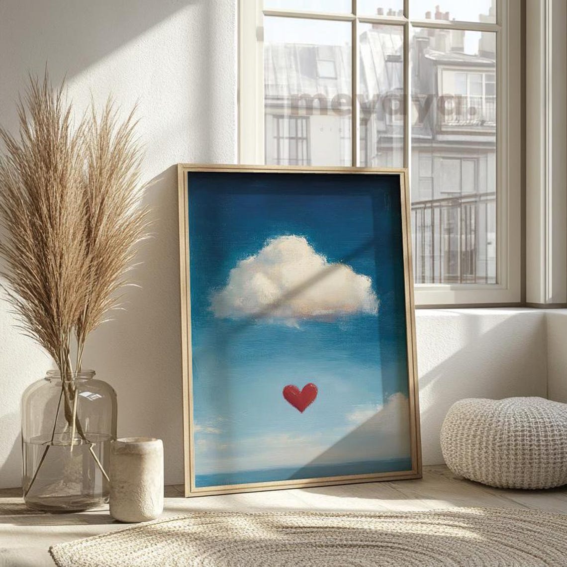 Red Heart Floating Blue Sky Cloud Surreal Romantic Wall Print - Image 4