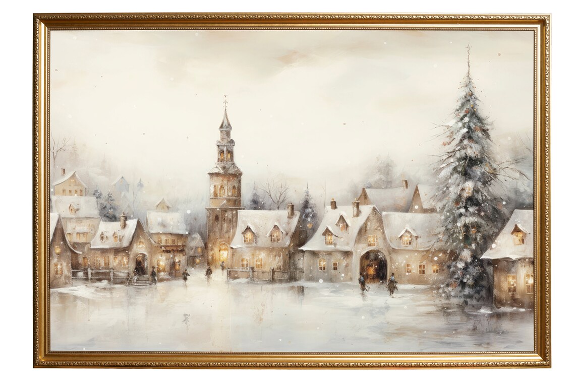 Winter Village Vintage Christmas Painting, Holiday Decor - Image 6