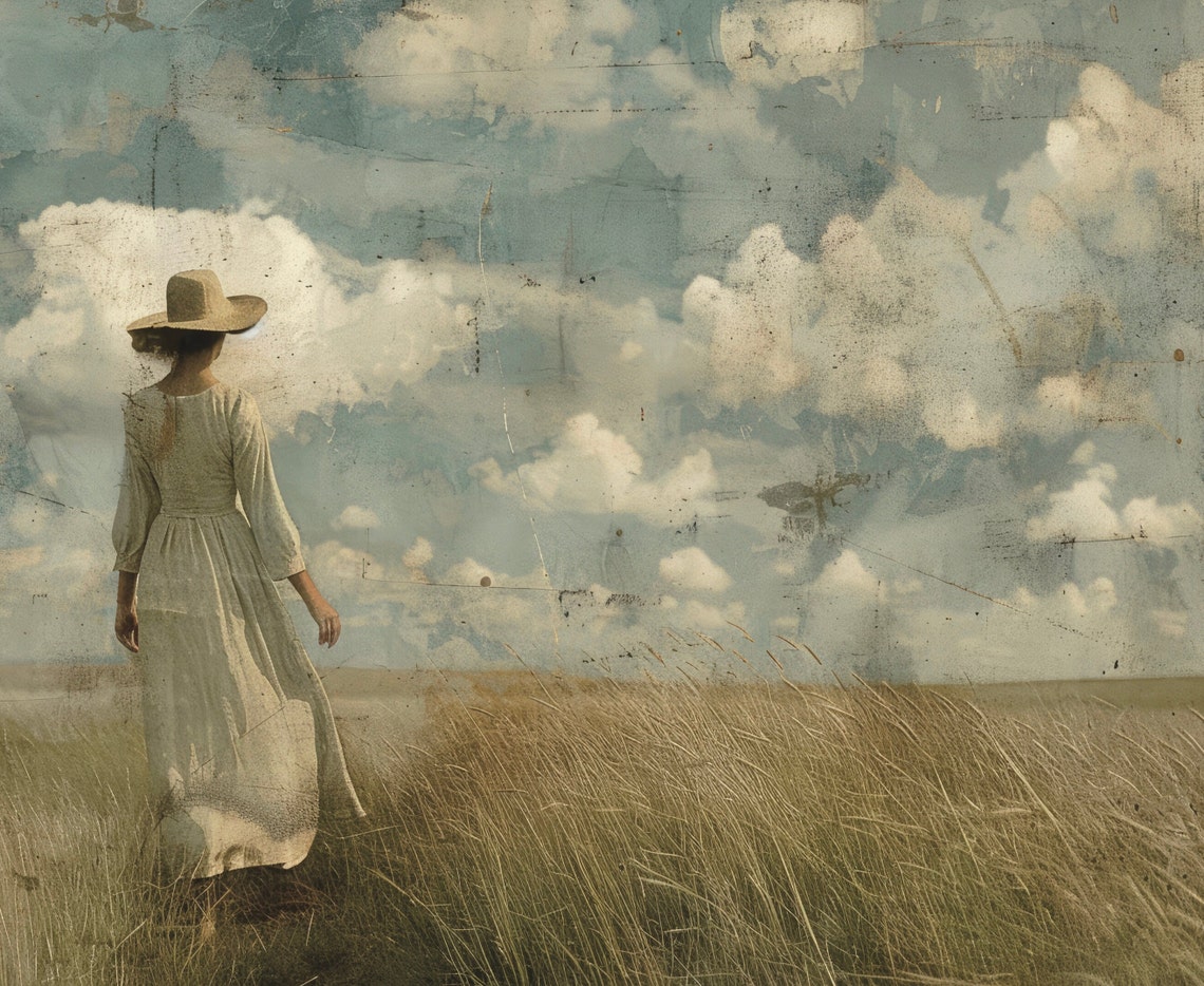 Pioneer Woman Print Muted Country Landscape Print Vintage Farmhouse Decor Woman Walking Wheat Field Painting Neutral Wall Art - Image 6