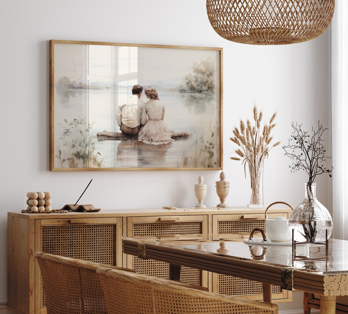 Romantic Couple Sitting At The Lake, Vintage Art Print - Image 6