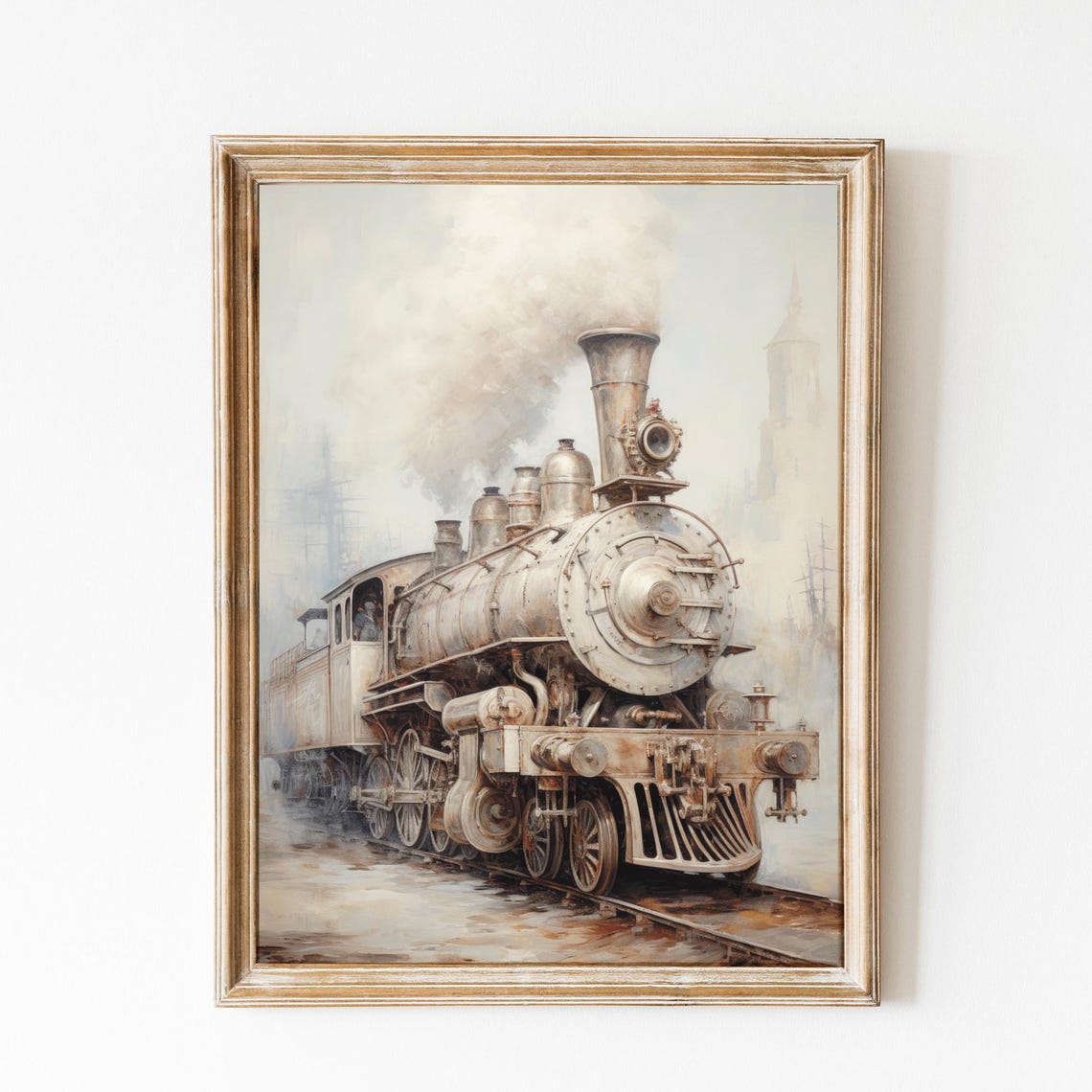 Vintage Steam Locomotive Train Painting Neutral Rustic Decor Poster