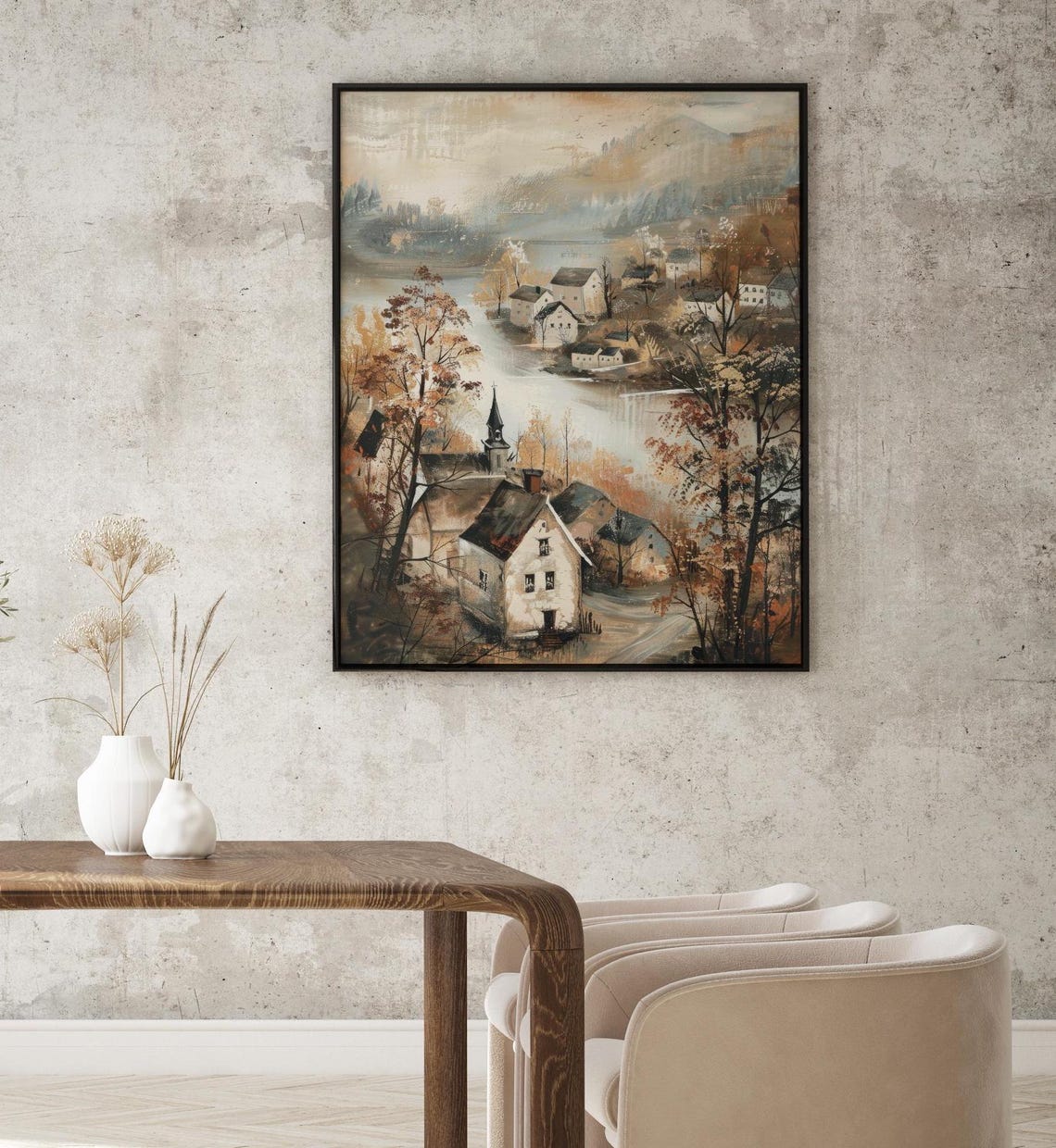 Autumn Village By Lake Church Fall Trees Vintage Landscape Poster - Image 4