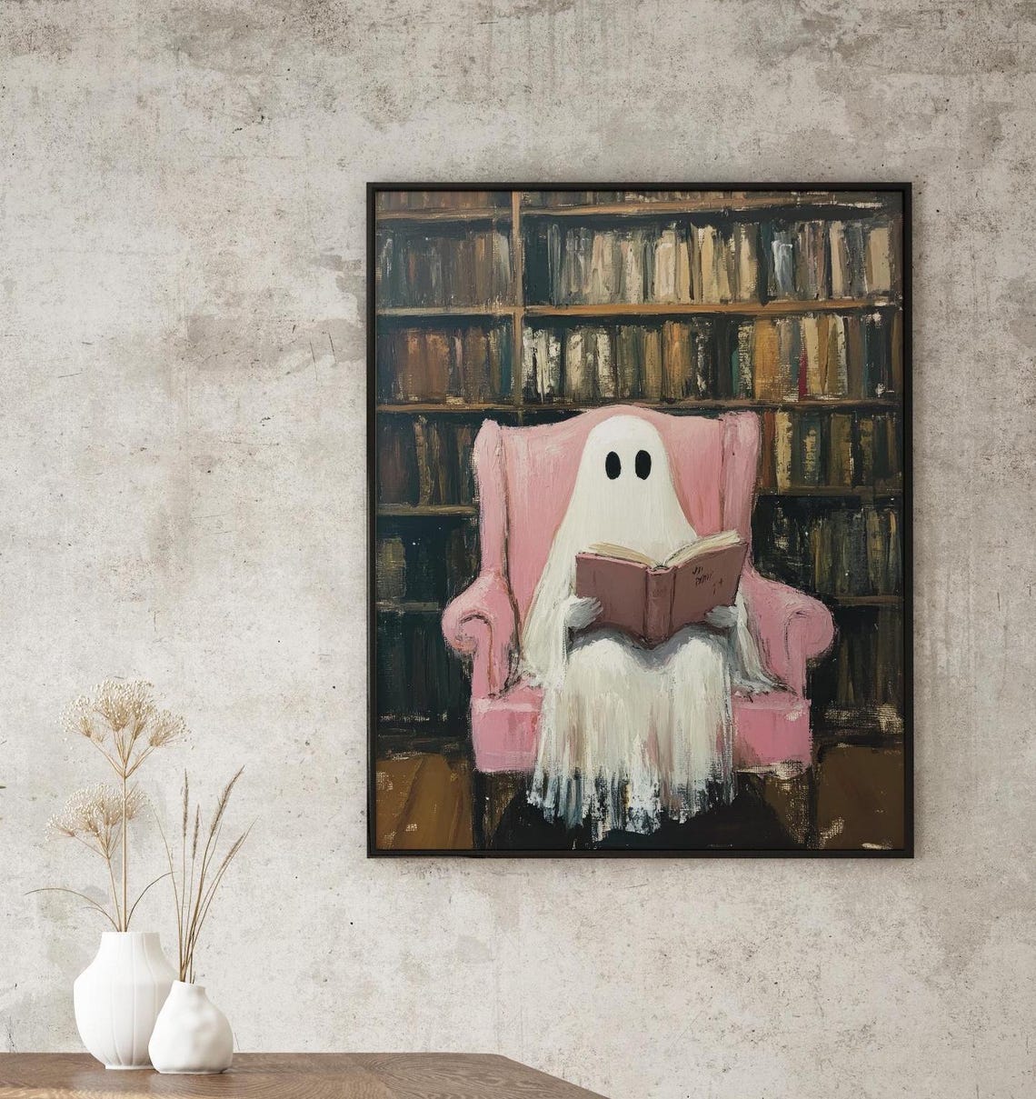 Halloween Cute Ghost Reading Spooky Ghost Print Halloween Decor Books Lovers Ghost Poster Vintage Painting Pink Halloween - Image 6