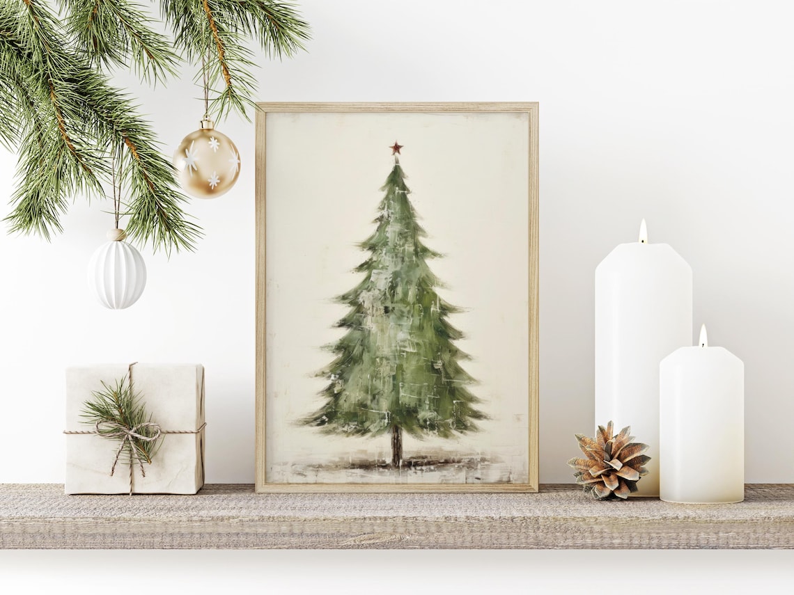 Painted Green Christmas Tree Red Star Vintage Farmhouse Holiday Poster - Image 3