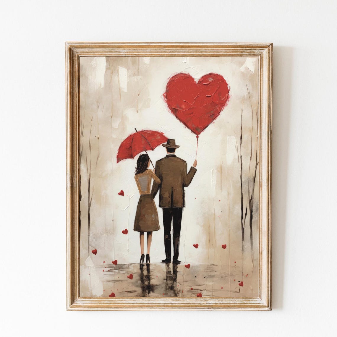 Couple Red Heart Balloon Umbrella Rainy Day Romantic Art Poster