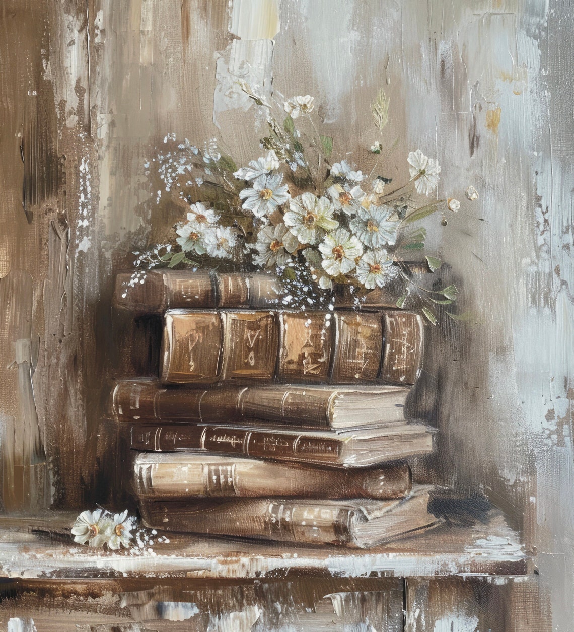 Antique Book Stack With Daisies Vintage Academia Library Floral Poster - Image 6
