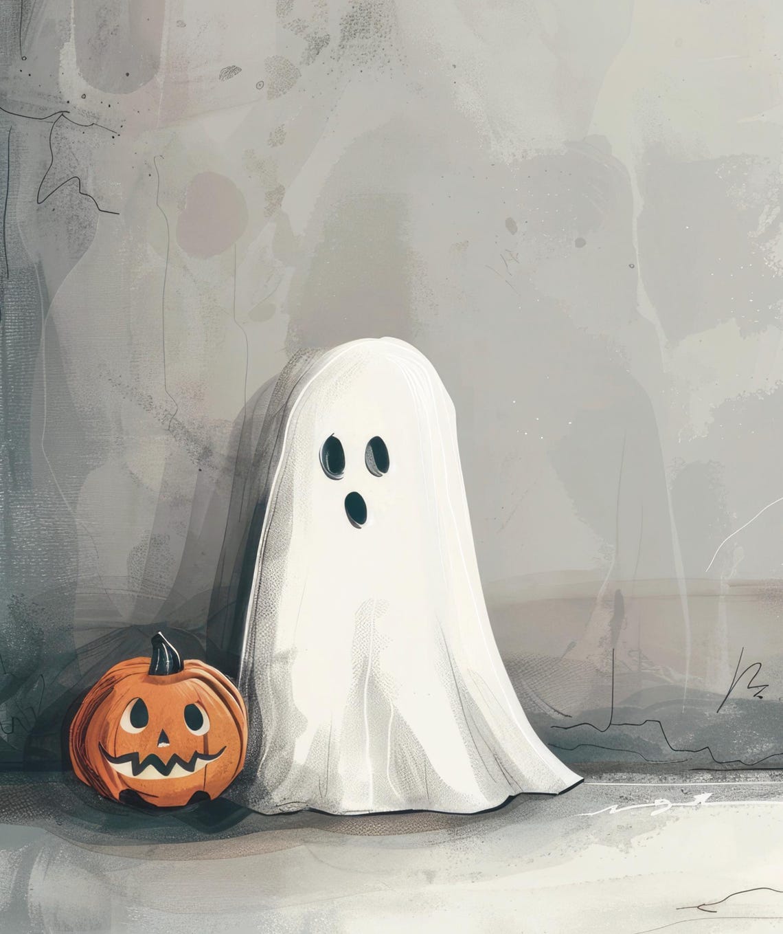 Cute Little Ghost Standing Next To A Jack O Lantern Painting Poster - Image 6