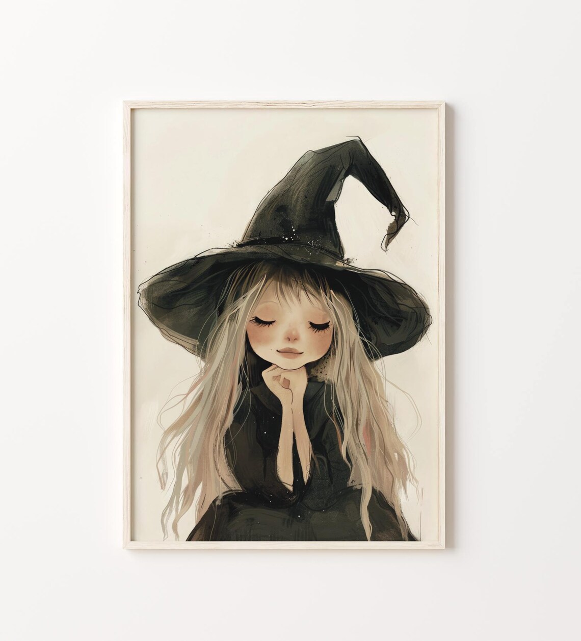 Cute Little Witch Girl With Big Black Hat Watercolor Portrait Poster