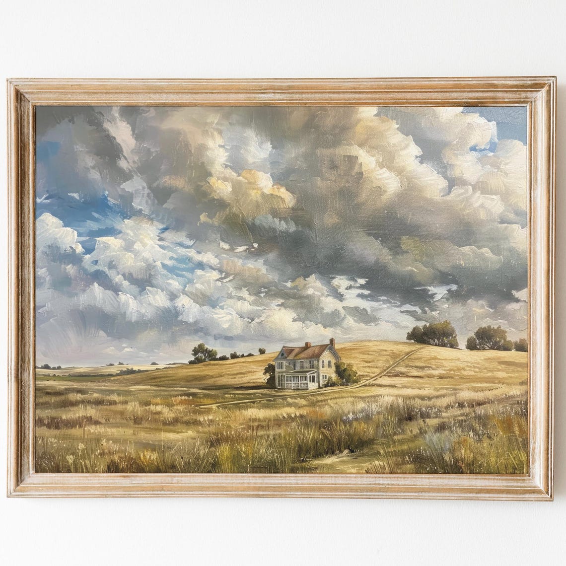 French Country Landscape Painting Landscape Art Vintage Farmhouse Art Decor Spring Countryside Print Cloudy Sky Oil Painting