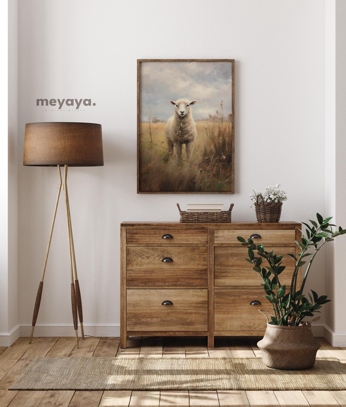 White Sheep Lamb Moody Field Vintage Oil Painting Wall Print - Image 2