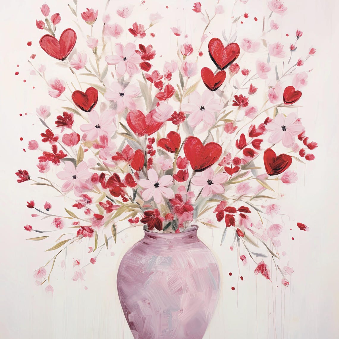 Pink Red Hearts Wildflower Vase Spring Romantic Floral Wall Print - Image 6