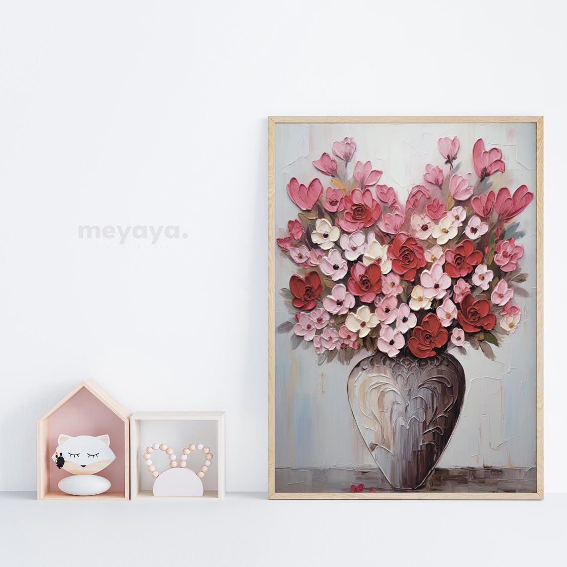 Pink Roses Impasto Vase Bouquet Textured Romantic Floral Wall Print - Image 3