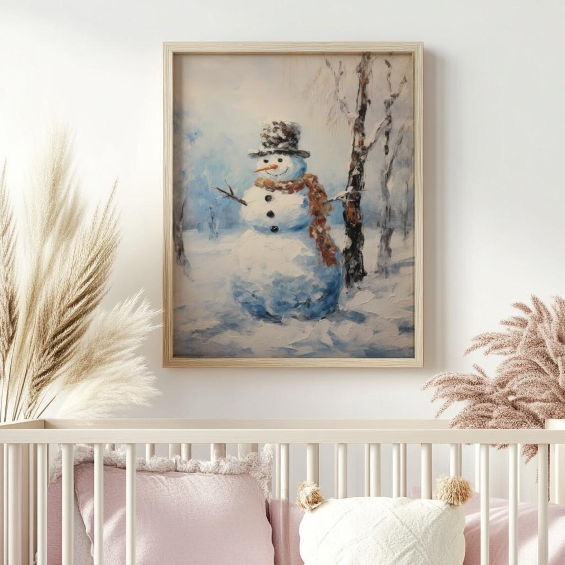 Vintage Snowman in Winter Woods Rustic Snowy Christmas Painting Poster - Image 4