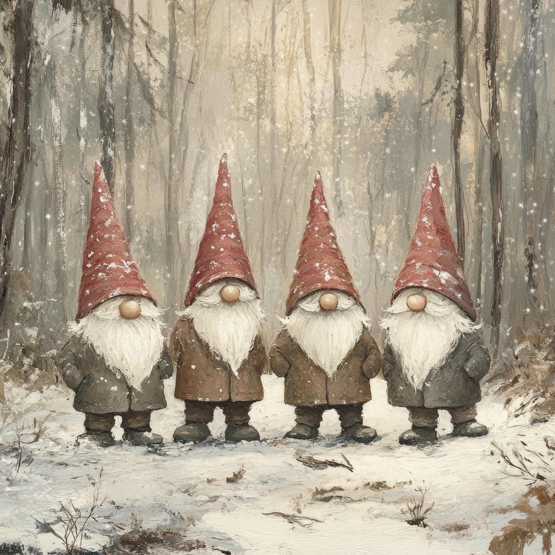 Four Christmas Gnomes Red Hats Snowy Forest Winter Art Poster - Image 2