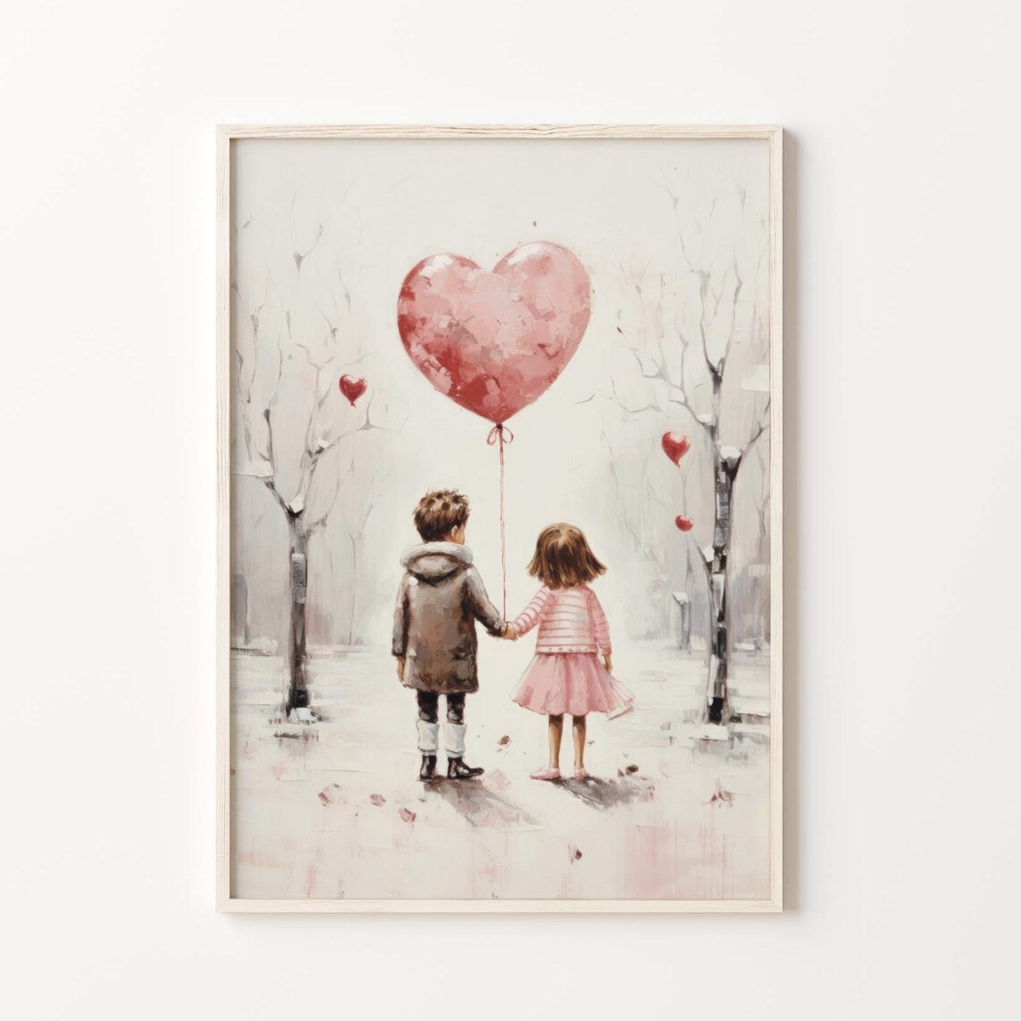 Little Boy And Girl Holding Hands With A Pink Heart Balloon Poster - Image 6