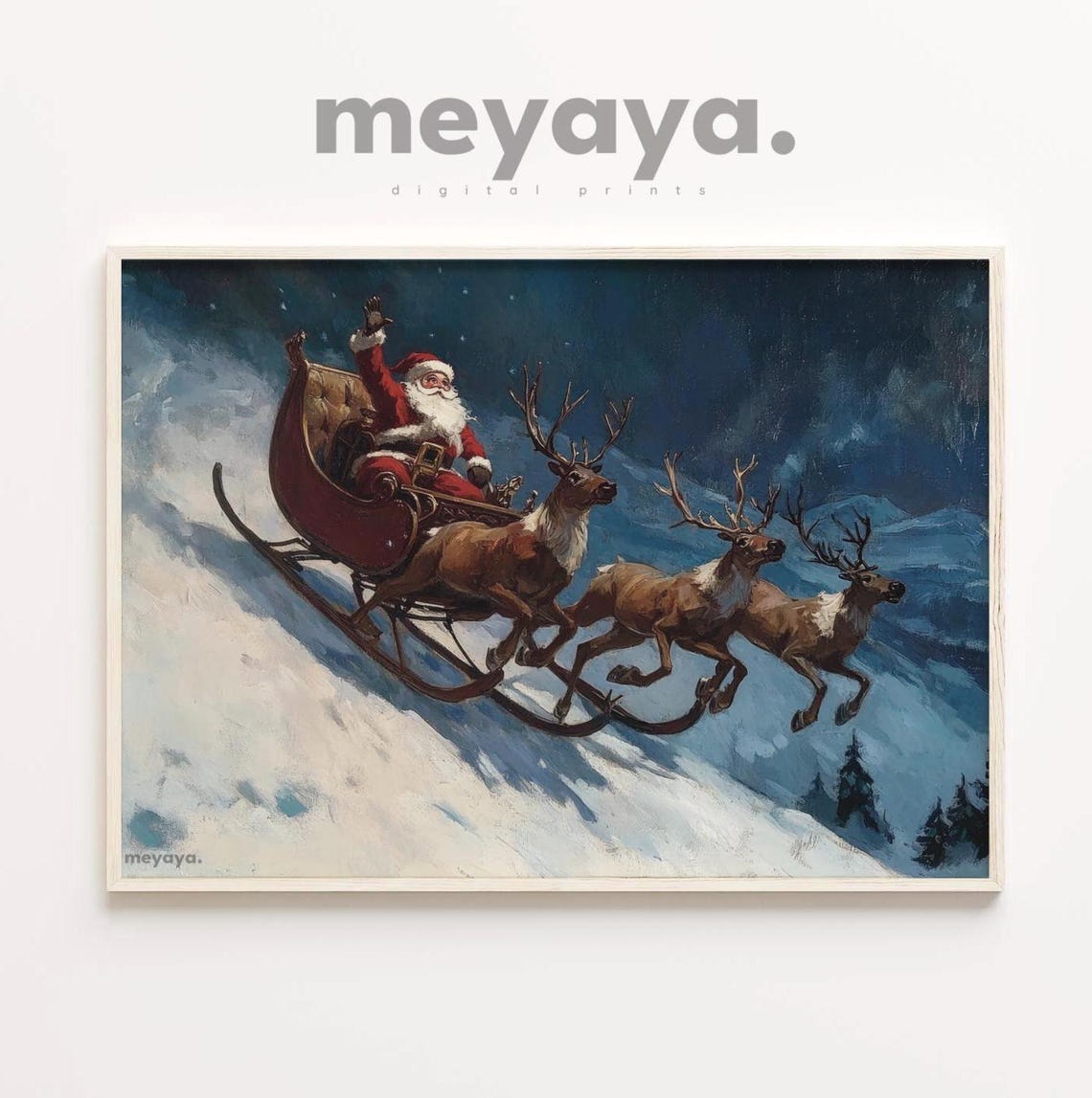 Santa Sleigh Reindeer Night Flight Snowy Mountain Christmas Poster - Image 4