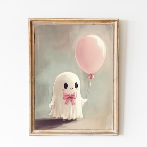 Smiling Cute Ghost With Pink Bow Holding A Pink Balloon Poster